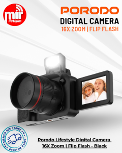 Porodo Lifestyle Digital Camera 16X Zoom | Flip Flash - Black