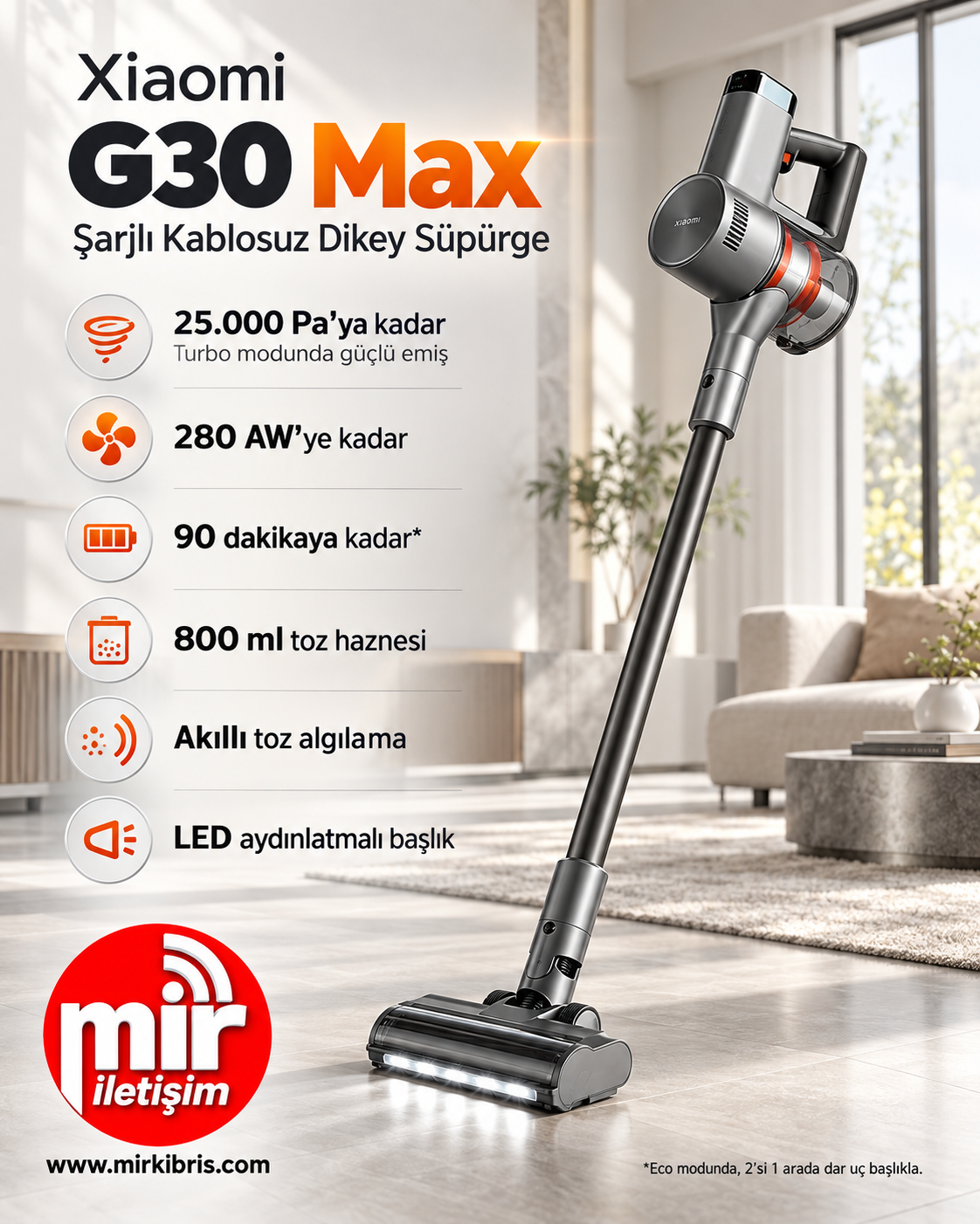 Xiaomi G30 Max Şarjlı Kablosuz Dikey Süpürge 25.000 Pa