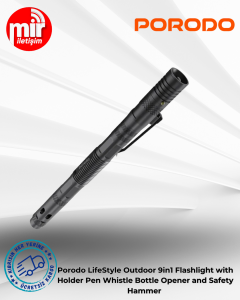 Porodo LifeStyle Outdoor 9in1 Flashlight with Holder Pen Whistle Bottle Opener andSafety Hammer - Black/Gray