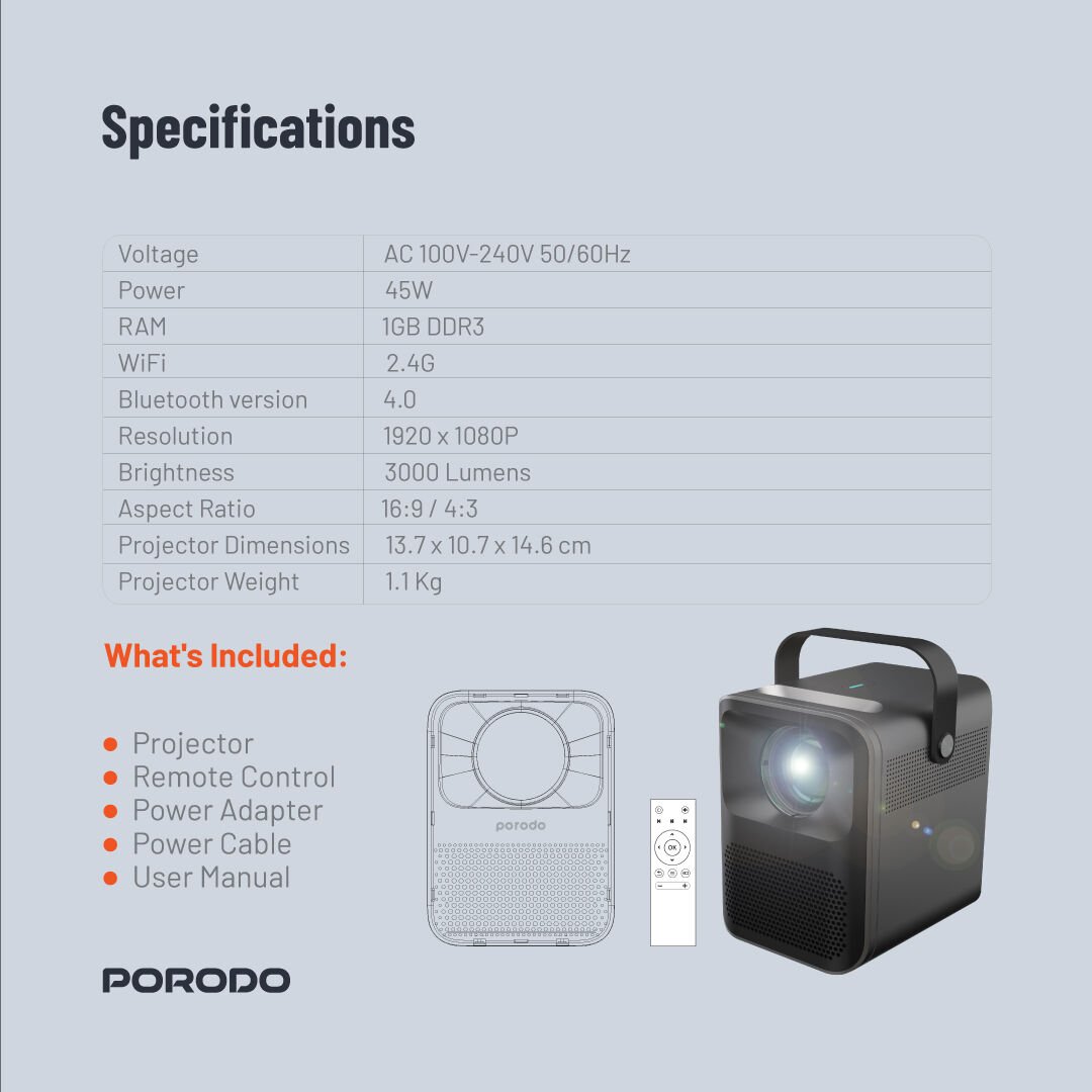 Porodo Full HD Taşınabilir Projektör