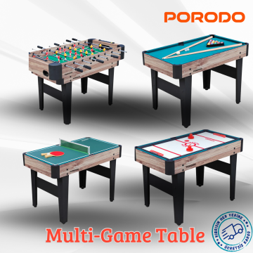 Porodo 4'ü 1 Arada Oyun Masası Langırt, Bilardo, Hava Hokeyi ve Masa Tenisi - Kahverengi